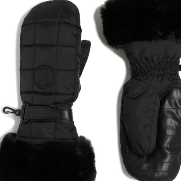 Michael Kors Quilted Puffer Mittens With Fur NEW - Picture 1 of 1